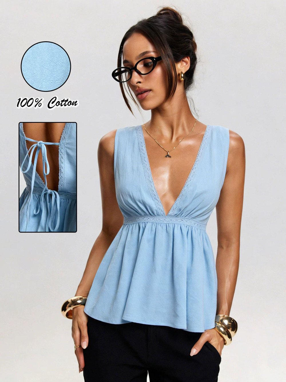 ZARA Light Blue French Deep V Open Back Tie Back Sleeveless Vest Top